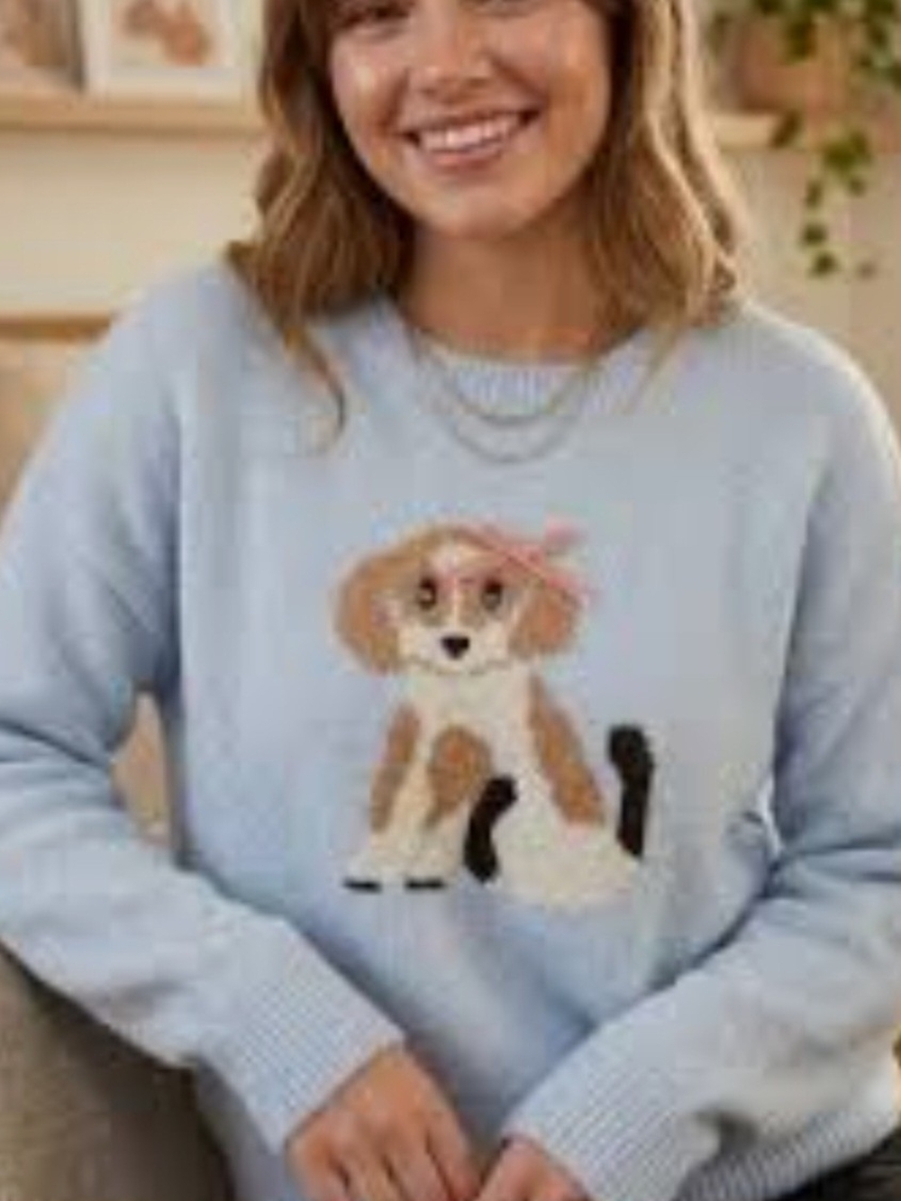 Luna Ivy Women's Light Blue Crewneck Sweater with Dog Graphic